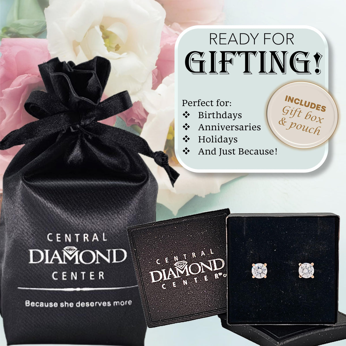 Central Diamond Center 14K Solid Gold Post & Sterling Silver Made with Swarovski 4 Prong CZ Stud Earrings - Rose Gold Plated - 5.50mm - 1.50cttw