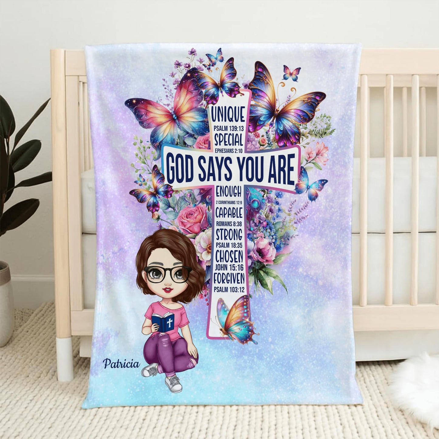 PREAUREUM God Says I Am Blanket, Personalized Christian Throw Blanket,Inspirational Jesus Throw Blankets,Confirmation Catholic Spiritual Blankets for Kids (Butterfly Cross)