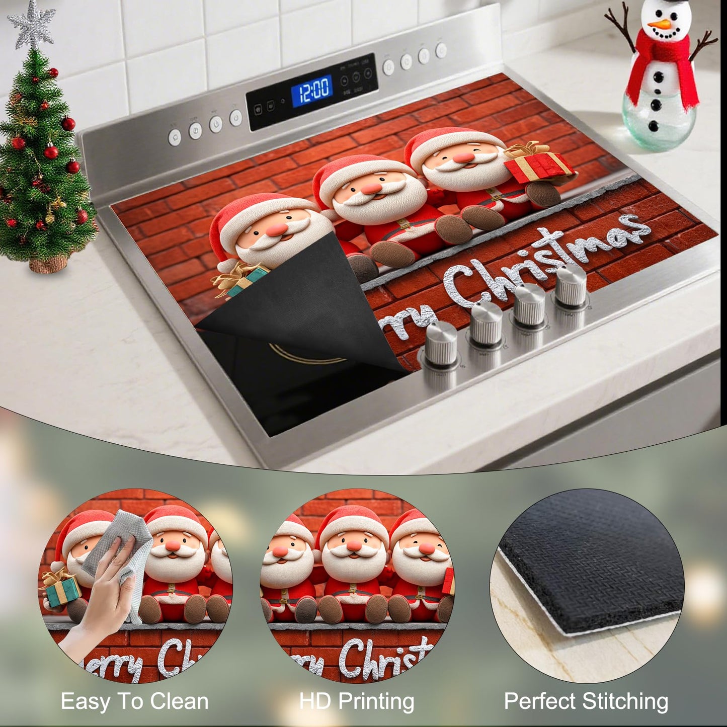 Nuxovilar Christmas Stove Top Cover 28.35×20.47inch, Santa Trio Stove Cover, Polyester & Diatom Mud Blend, Fun Pattern Festive Decor