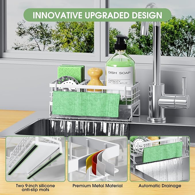 Self-Draining Kitchen Sink Caddy, Rustproof Non-Slip Sponge Holder