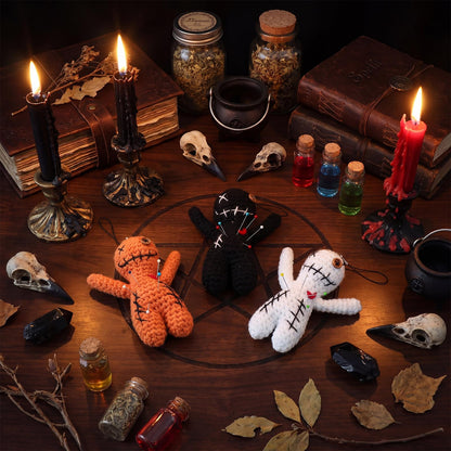 Poen 3 Pcs Voodoo Dolls Horror Doll with 30 Skull Pins, Christmas Stuffing Decoration Funny Inspirational Positive Ornaments Gifts for Friend Coworkers New Year Halloween Party Supplies (Crochet)