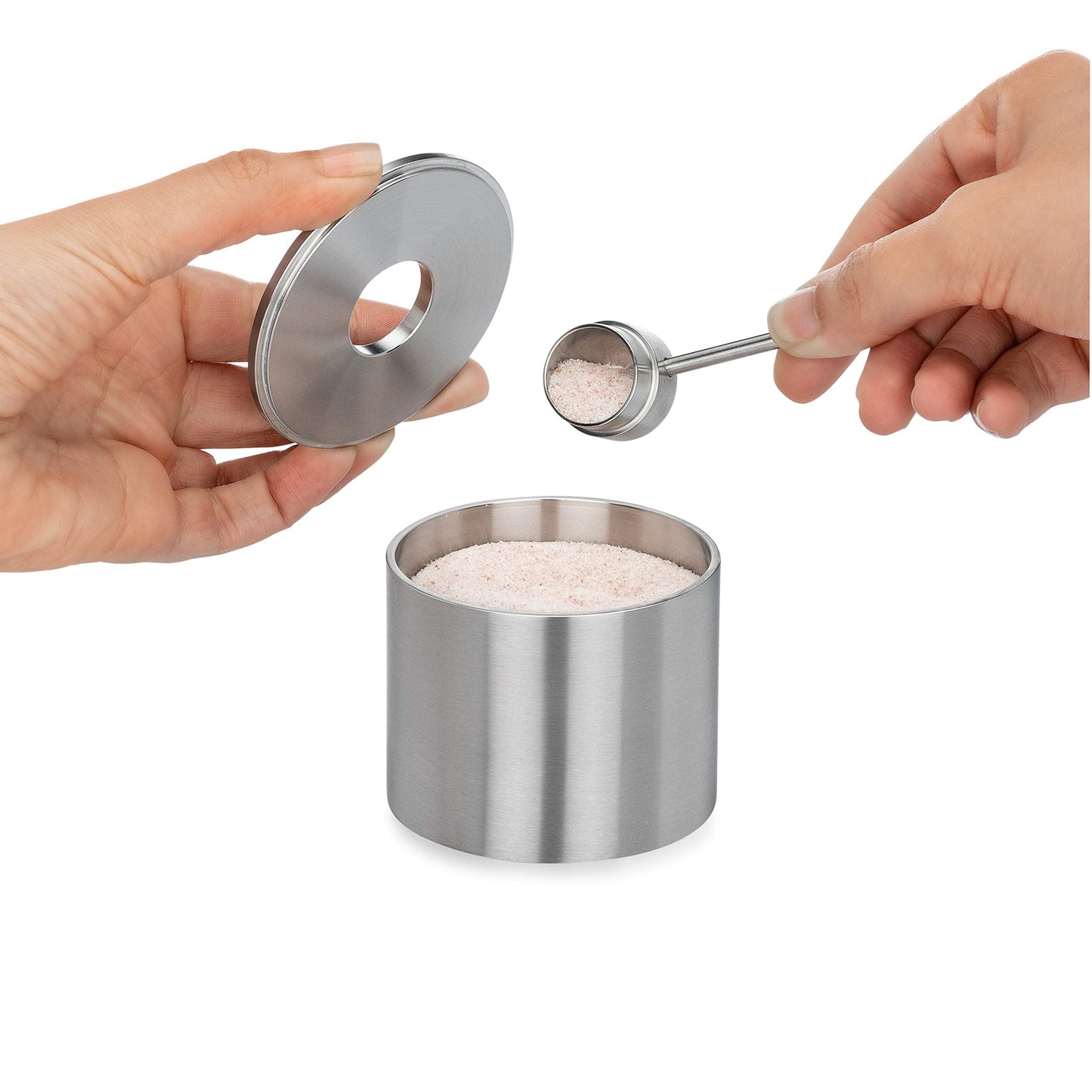 Grind Gourmet Salt Cellar, Spice Jars Stainless Steel, Storage Spice Jars With Spoon Solid Stainless Steel Holder (1.58", Silver)