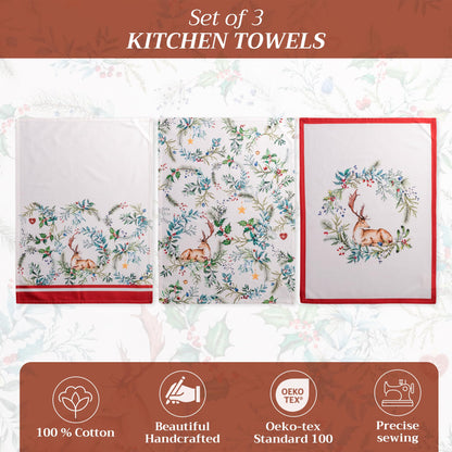 Maison d' Hermine Kitchen Towels Set of 3 100% Cotton 20" x 27.5" Reusable Cloth Tea Dish Towels Absorbent with Hanging Loop for Kitchen Dining Thanksgiving Christmas Decorations (Holly Time)