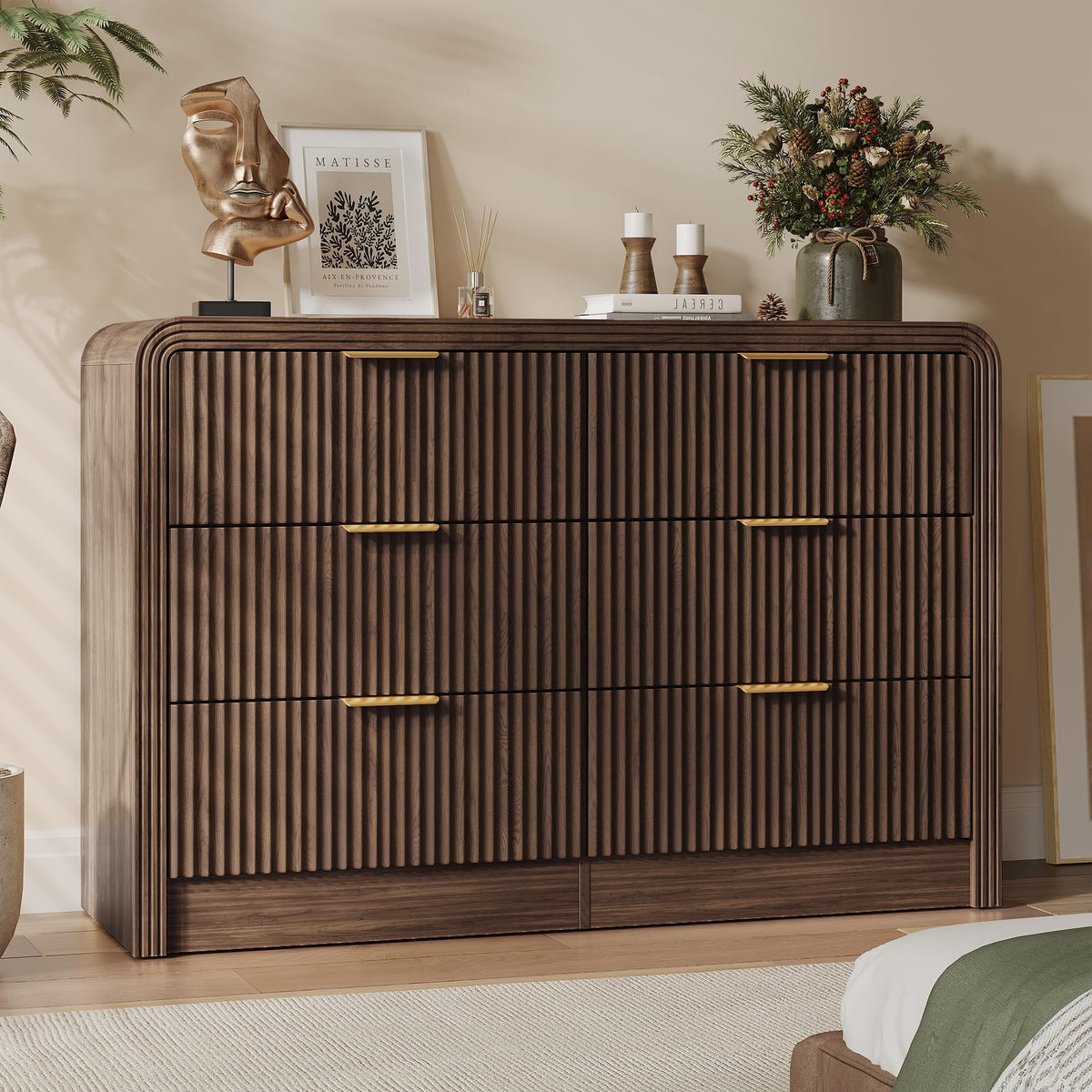 Decofy Fluted Drawers Dresser for Bedroom, Wood Dressers with Gold Handles, Modern Dressers with Wave Texture, Large Storage Chest of Drawers, Bedroom Dresser Organizer 47'' & 6 Drawers (Walnut)
