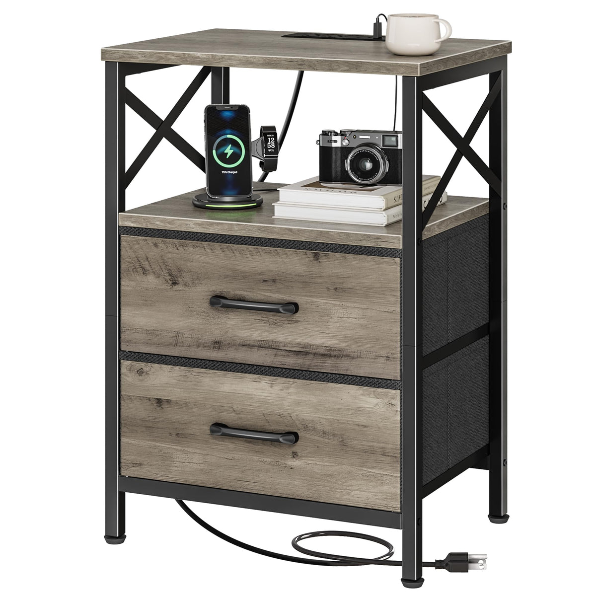 Huuger Night Stand with Charger Station, 2 Drawer Nightstand with Open Shelf, Bed Side Table with USB-C Port, End Table, Compact Size for Small Spaces, X Shaped Side Rail, Oak