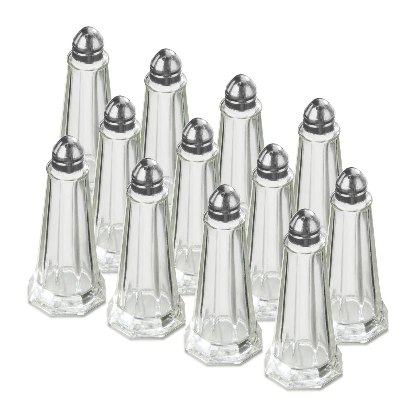 New Star Foodservice Glass Tower Salt and Pepper Shakers, 1 oz Set of 12, Clear Glass Shakers with Stainless Steel Tops for Restaurants and Tabletop Use