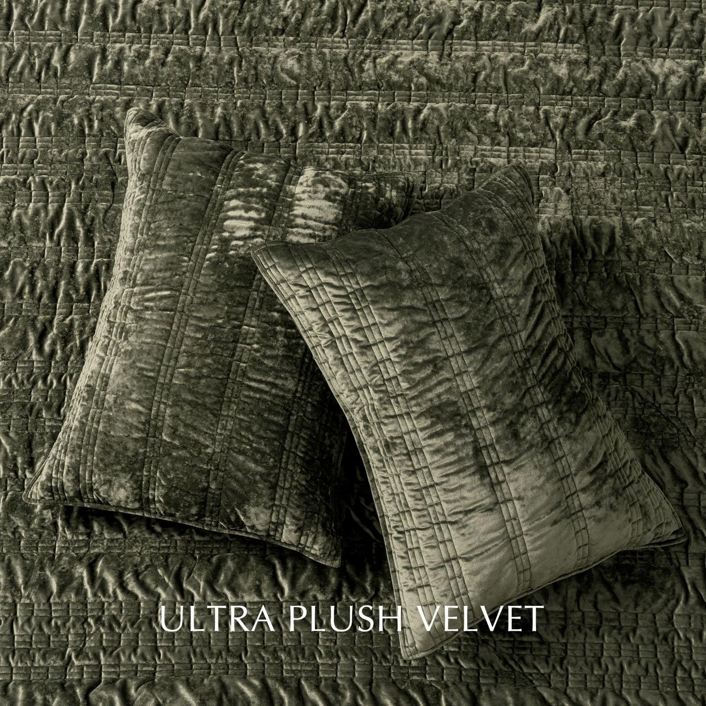 EverGrace Luxury Ruched Velvet Quilt Queen Size, Ultra Soft Bedspread Coverlet Set, Lightweight Velvet Comforter, Quilted Bedding Cover with 2 Matching Shams for All Season, Olive Green