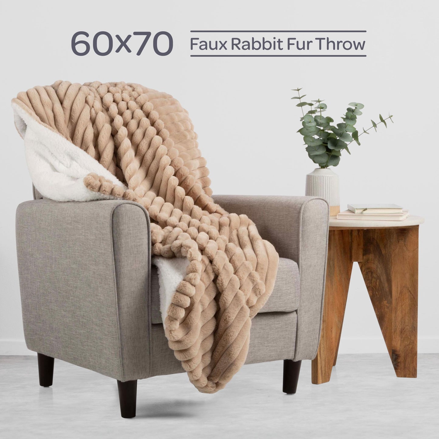 Lavish Home Faux Fur Throw Blanket - 60x70-Inch Twin Blanket for Couch, Bed, or Chair - Soft Throw with Plush Faux Rabbit Fur and Warm Sherpa for Living Room, Bedroom, and Home Decor (Taupe)