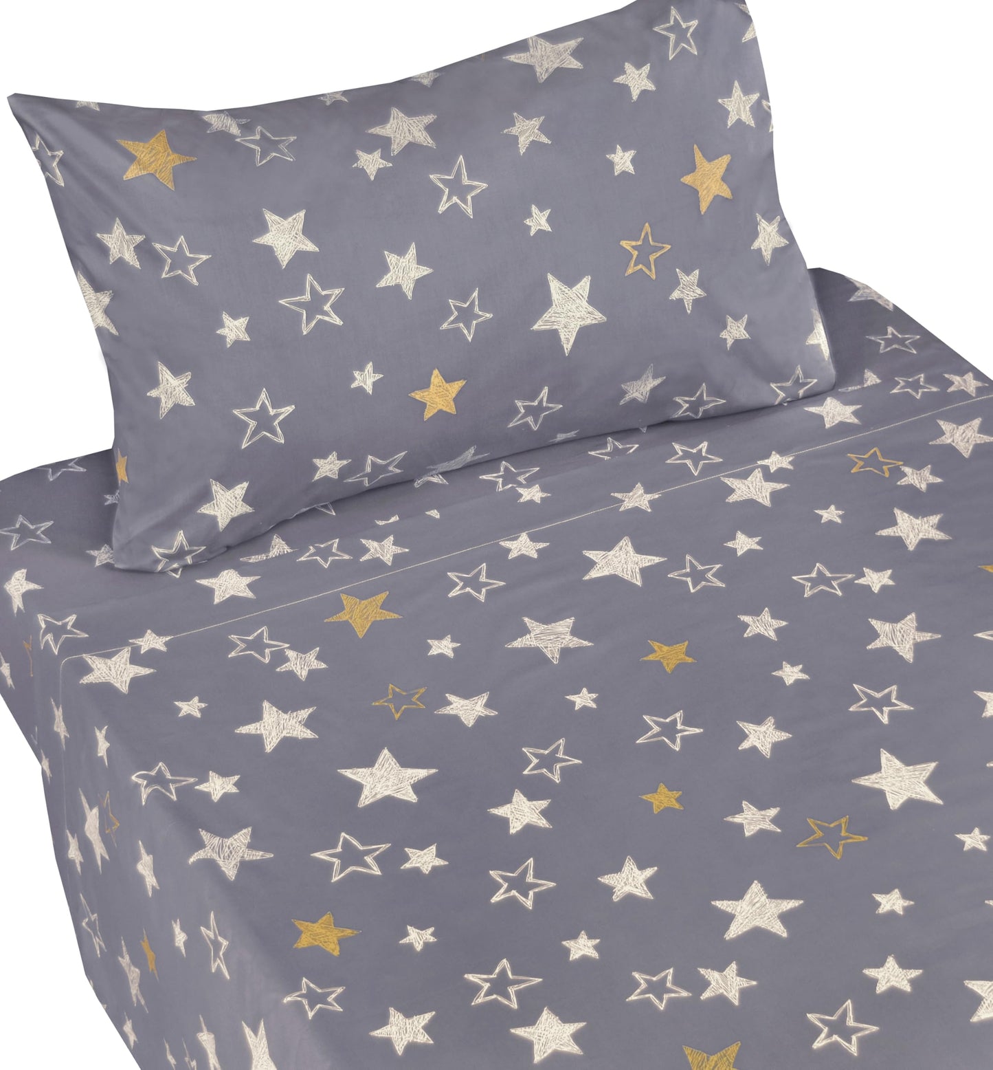 J-pinno Twinkling Stars Yellow Silvery Grey Hand Drawn Cute Cartoon 100% Cotton 3 Pieces Twin Sheet Set for Kids Boys Children Flat Sheet + Fitted Sheet + Pillowcase Bedding Decoration Gift Set