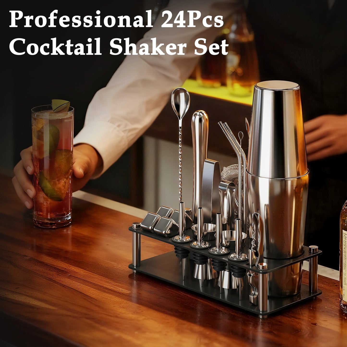 EffiQ-Rate 24 Piece Professional Boston Shaker for Cocktails, Stainless Steel Bar Kits for Bartender with Acrylic Stand, All Essential Bar Tools for Home, Party, Mixing Drinks, Silver