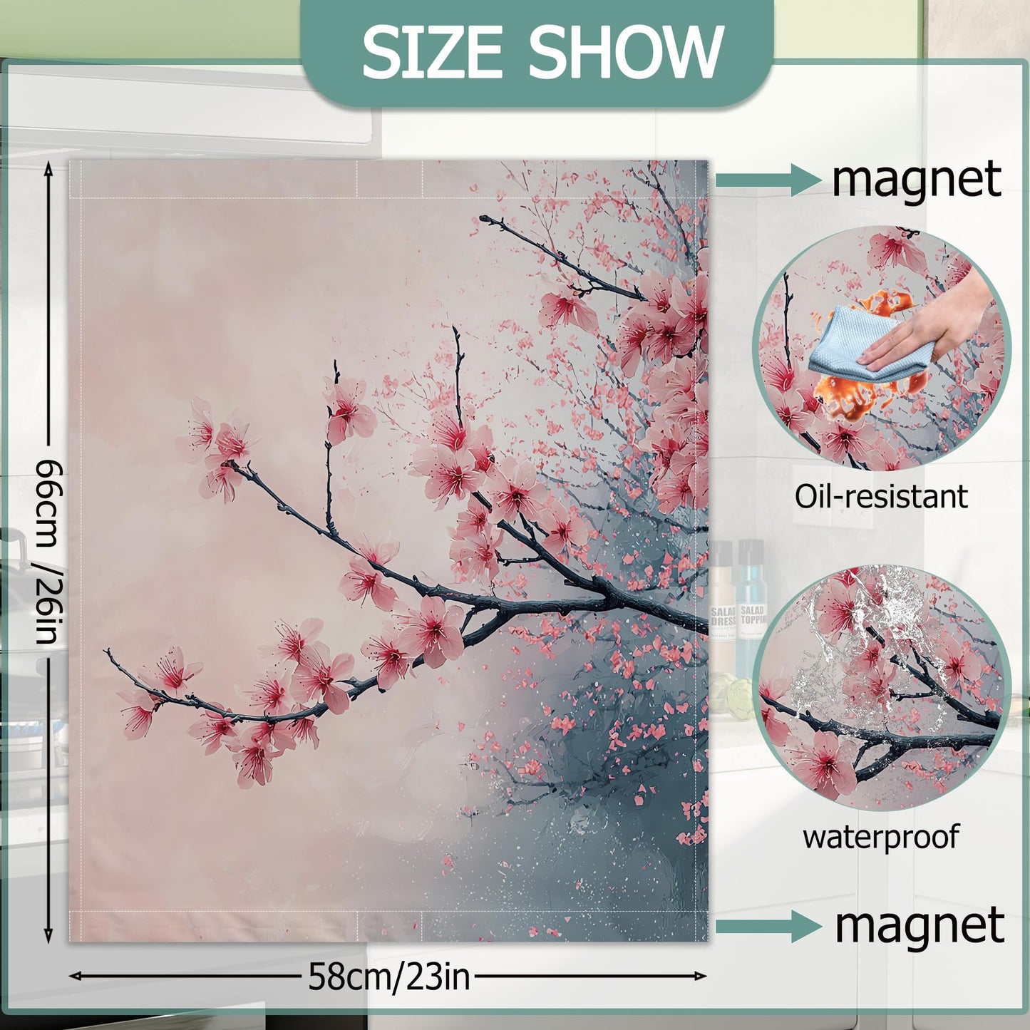 Cherry Blossom Refrigerator Magnet Cover,Pink Flowers Washable Dishwasher Magnets Decorative Cover,Home Kitchen Decorative Dishwasher Front Panel Cover 23x26 Inch