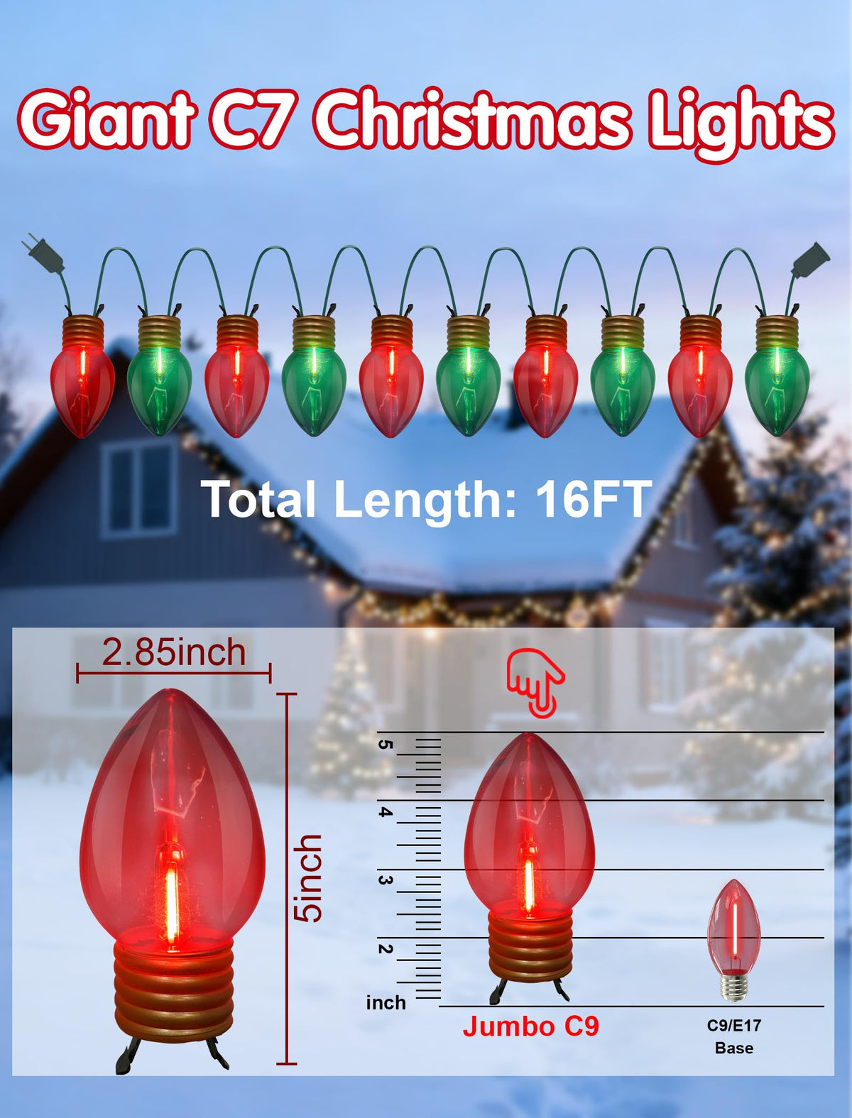 Pallerina 16FT Jumbo Red and Greeen Christmas Lights,Outdoor Giant Christmas Decorations Lights with 10 LED Clear Red and Greeen Bulbs for Tree Holiday Home Roof Yard Garden Decorations