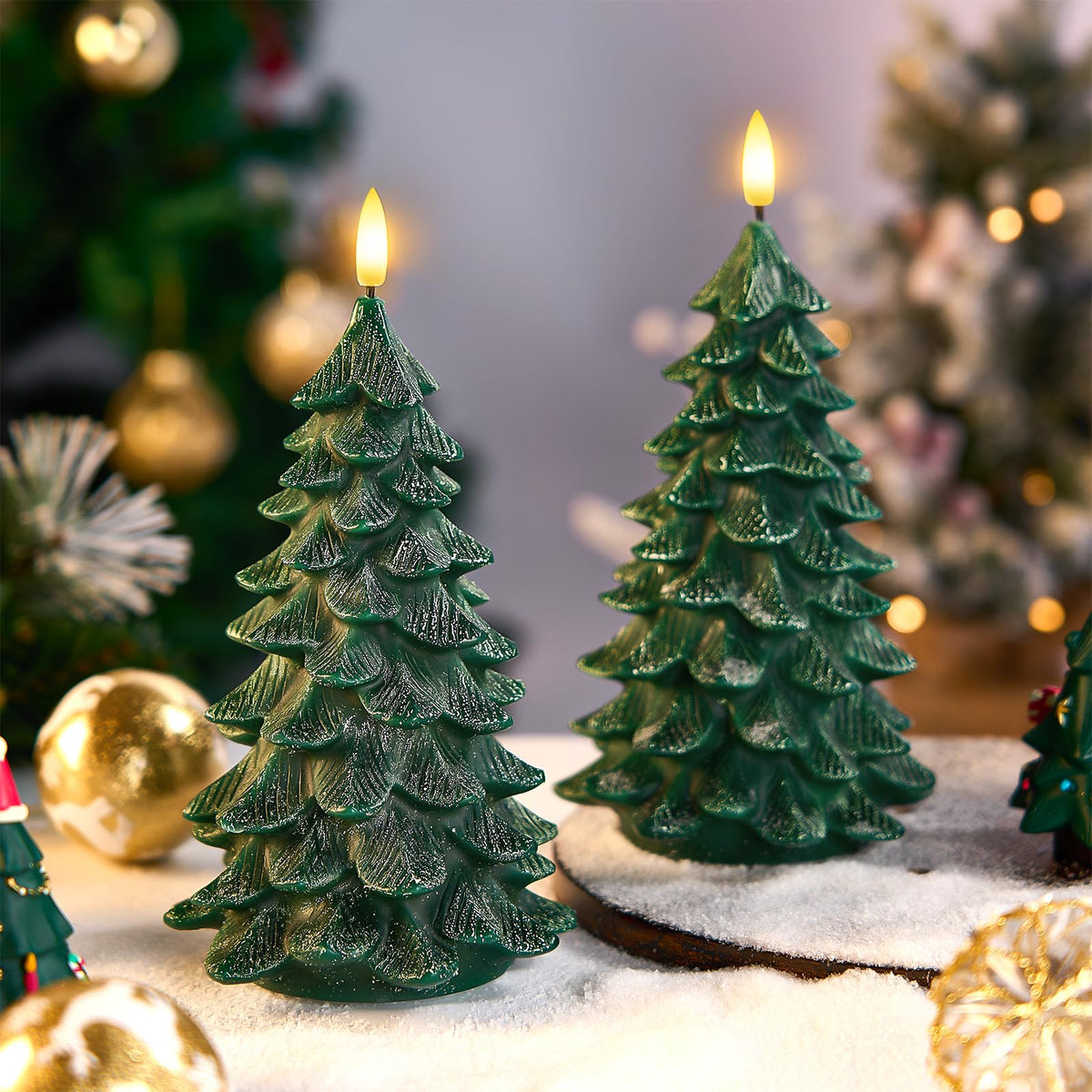 SURAIELEC Battery Operated Christmas Tree Candles, 6-Hour Timer Flameless Tree Candles, Real Wax Finish, Flickering LED Candle, 9'' Christmas Candlesticks for Window, Mantel, Dining Table, 2-Pack