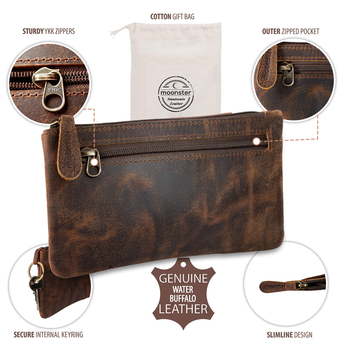 moonster Leather Pencil Case Pouch 8" x 4" - Leather Pen Case with Zipper