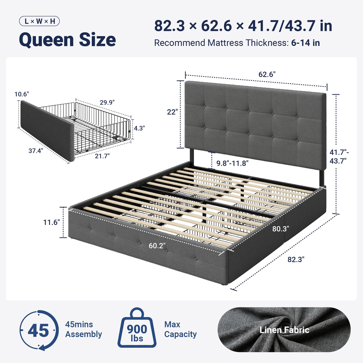 Allewie Upholstered Queen Size Platform Bed Frame with 4 Storage Drawers and Headboard, Square Stitched Button Tufted, Mattress Foundation with Wooden Slats Support, No Box Spring Needed, Light Grey