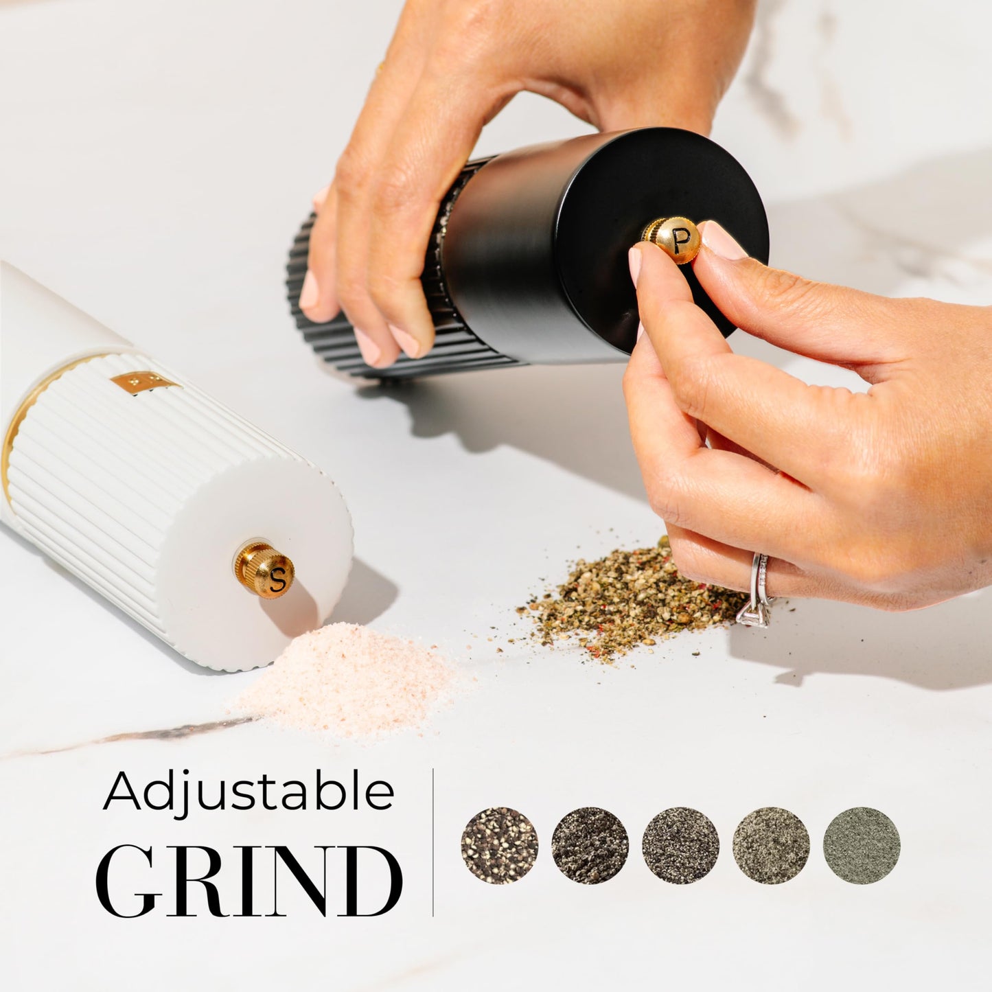 Styled Settings 19-Piece Kitchen Bundle – White and Black Salt and Pepper Grinders, Gold Measuring Cups, and Magnetic Measuring Spoons for Stylish and Functional Kitchens