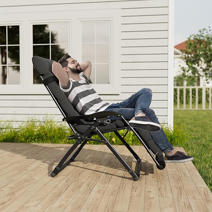UDPATIO Oversized Zero Gravity Chair 29In XL Patio Reclining Chair with Cushion, Outdoor Folding Recliner with Pillows|Cup Holder|Foot Rest|Padded Headrest, Dark Grey, Support 500LB