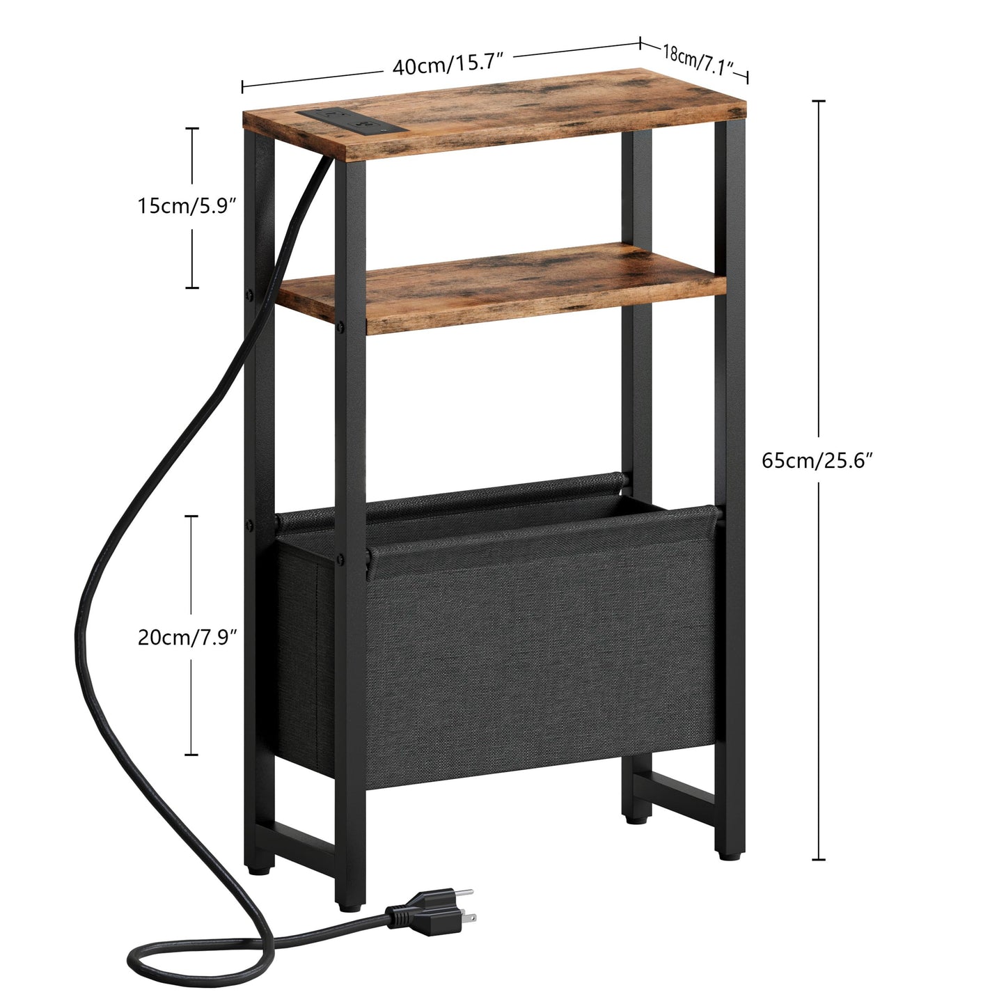 IRCPEN Narrow Side Table with Charging Station Slim End Table Sofa with Magazine Rack, Bedside Table for Small Spaces, 3 Tier Nightstand for Living Room Couch, Bedroom Rustic Brown LET503RE