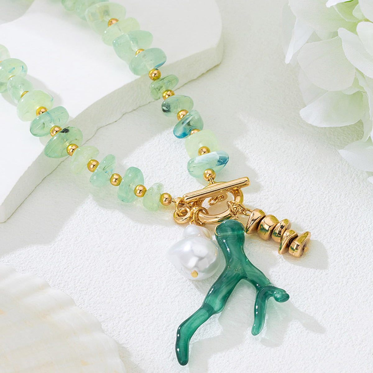 Ocean Coral Pendant Necklace for Women Green Acrylic Beaded Choker Gold OT Clasp Baroque Pearl Charm Necklace Boho Summer Beach Vacation Nautical Coastal Jewelry (Green)