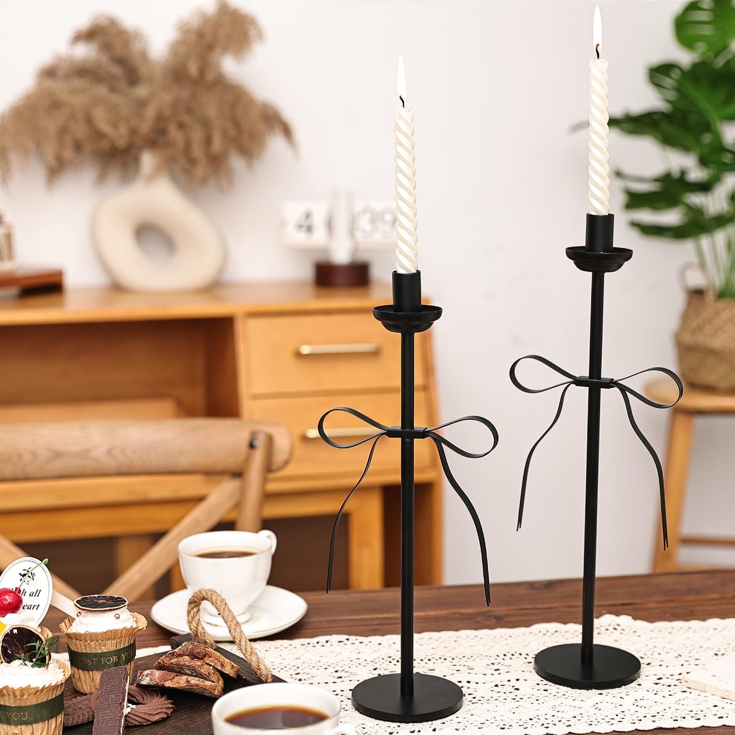Black Taper Candlestick Holders,Set of 2 Bow Candle Stick Holders,Metal Modern Candle Stands Decorative for Dining Table Centerpiece,Wedding Decor