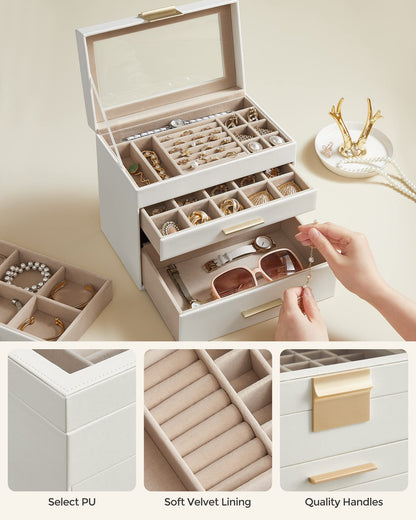 SONGMICS Jewellery Box with Glass Lid, 4-Layer Jewellery Storage Organiser with 3 Drawers, Plenty of Storage, Modern, Gift Idea, 15.3 x 25.1 x 21.5 cm, Cloud White and Gold Colour JBC161W01