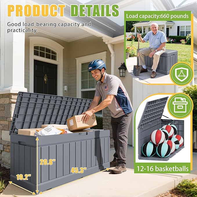 Greesum Outdoor Storage Box 82 Gallon Storage Bin with Lid for Patio Furniture, Garden Tools, Pool Supplies, Waterproof and UV Resistant, Lockable, Gray