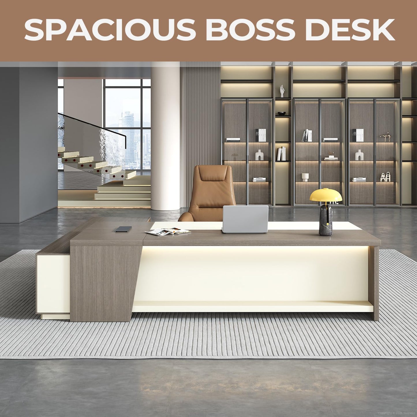 79-Inch L Shaped Executive Desk with Drawers, Large Modern Office Desk with Storage Shelves, LED Lighting, Built-in Power Outlet & USB Ports, Home Office Desk, Smoked Oak & Cream White, Right Return