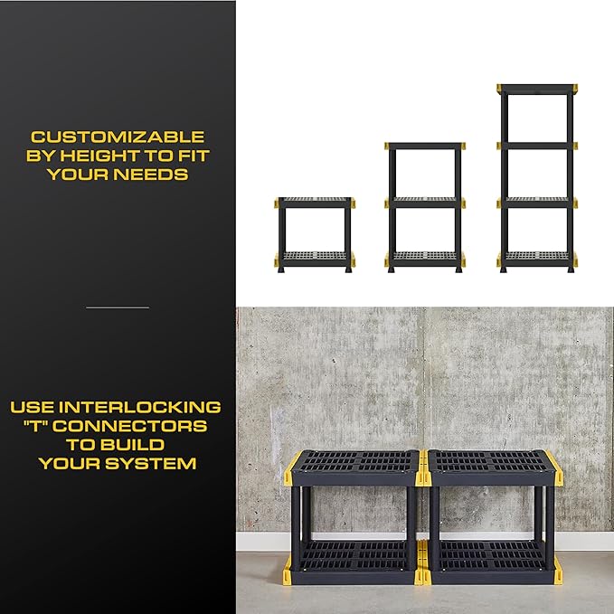 BLACK & YELLOW 4-Tier Heavy Duty Plastic Storage Shelves that Support up to 100lbs/shelf, Organization and Storage, Weather-Resistant Design, Easy Assembly, Made in The USA (55H x 24W x 20D)