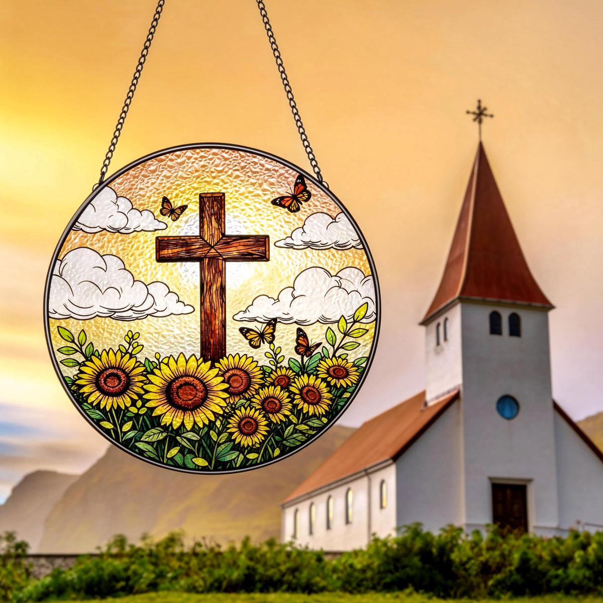 8 Inch Stained Glass Cross Suncatcher with Sunflower & Butterfly Christian Gifts for Women Religious Window Hanging Decor Unique Catholic Easter Birthday Gifts for Mom Grandma (Brown, Medium)
