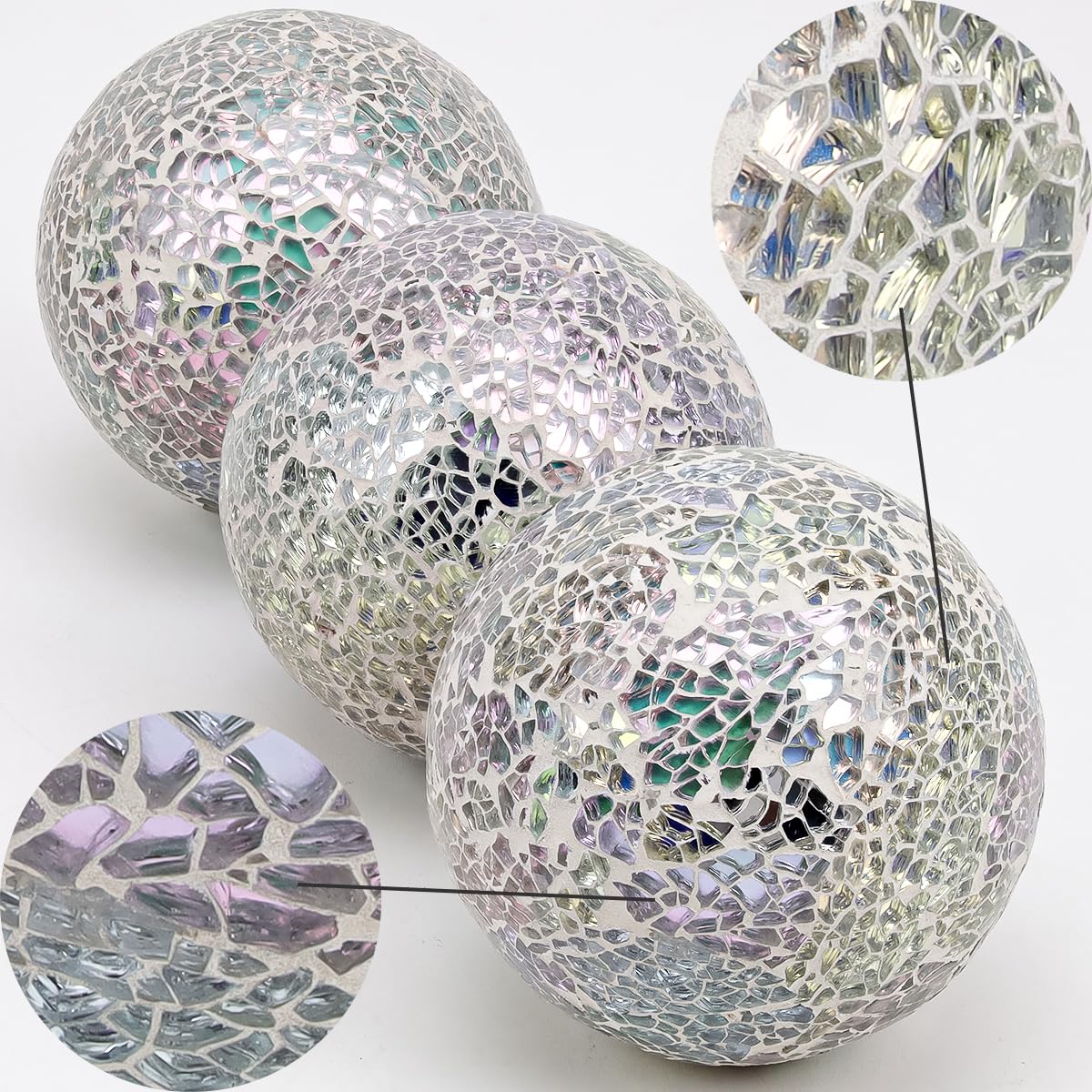 Vhxmaizxn Decoration Mosaic Glass Ball 3.35 Inch Orbs Centerpiece Crack Sphere Balls 3pcs Silver Solid Crackl Mirror Globe Christmas Thanksgiving Table Modern Ornament