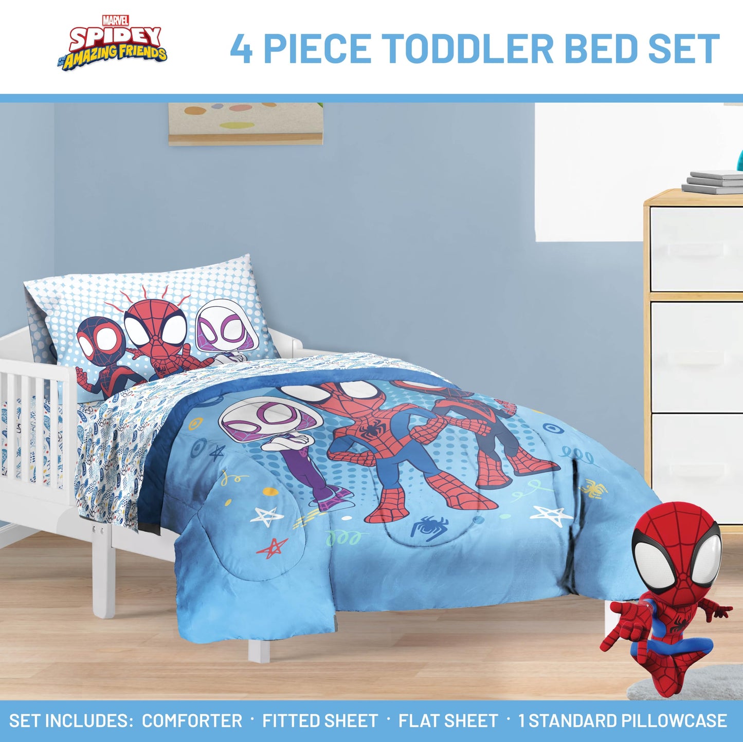 Jay Franco Kids Comforter Set Includes Sheets and Pillow Covers - Soft and Cozy Bed Set for Stylish Room Decor, Light Blue - Spidey & His Amazing Friends, 4 Piece Toddler