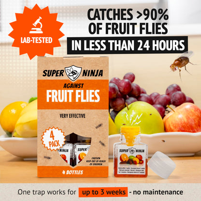 Super Ninja Fruit Fly Trap - 4 pack, Highly Effective Fruit Fly Killer for Home & Kitchen, Up to 3 Weeks of Performance per Bottle, Child & Pet Friendly