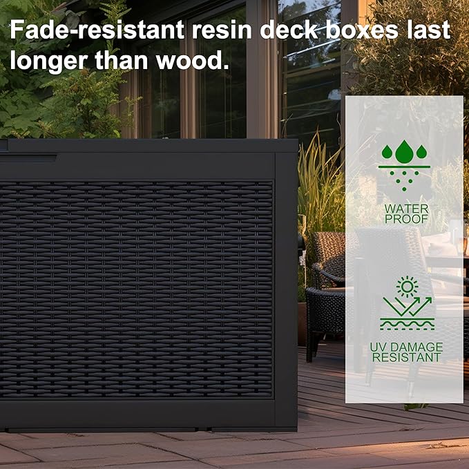 120 Gallon Resin Deck Box, Lockable Weatherproof Outdoor Storage Box for Furniture, Garden Tools and Tools Storage, Waterproof Outside Storage Boxes - Black