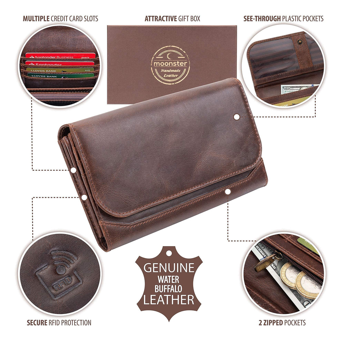 moonster Leather Wallets for Women 8x4 inch Handmade Womens Leather Wallet Brown - Genuine Leather Wallet Women -Ladies Wallets Leather - Women's Wallets - Multi Compartment RFID Wallet for Women