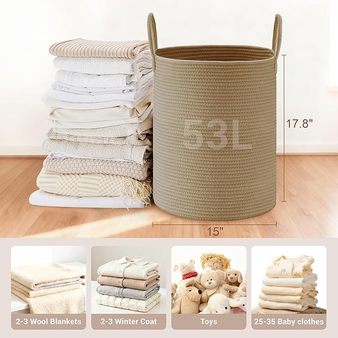 Tall Laundry Basket with Handles, 53L Portable Dirty Clothes Hamper, Boho