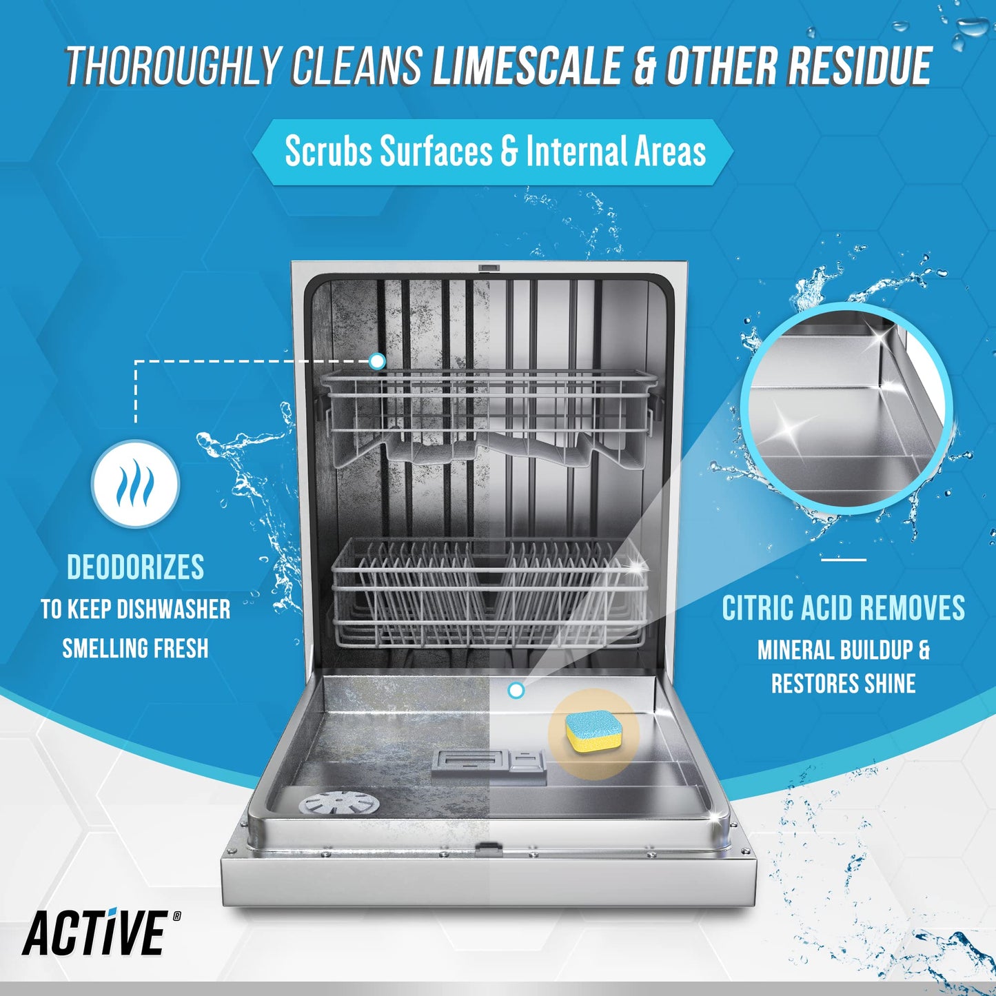 Dishwasher Cleaner and Deodorizer Tablets - 24 Pack ACTIVE Deep Cleaning Descaler for Dish Washer Machine - Heavy Duty Limescale, Grime, Calcium, Odour Remover, Natural, Septic-Safe - 12 Month Supply