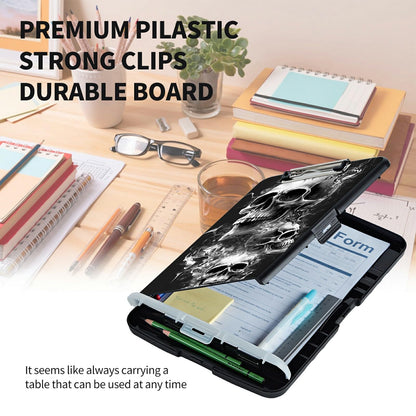 BEOTIWAD Clipboard with Storage High Capacity Plastic Nursing Clipboards with Pen Holder File Folder Storage Box Clipboard with Heavy Duty Clips for Teacher,Doctor,Offices-Skull
