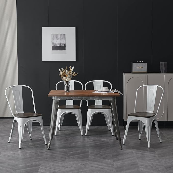 Nazhura Metal Dining Chair Farmhouse Tolix Style for Kitchen Dining Room Café Restaurant Bistro Patio, 18 Inch, Stackable, Waterproof Indoor/Outdoor (Sets of 4) (White with Wood Padding)