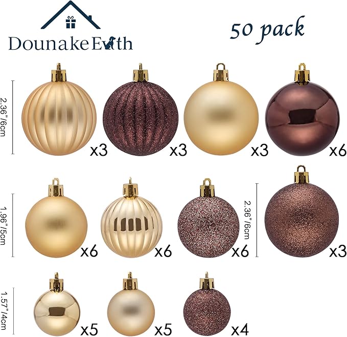 50ct Christmas Balls Ornaments for Xmas Tree, Bronze Copper Gold Shatterproof Christmas Tree Decorations Hanging Ball for Holiday Party Decor(1.57"-2.36")