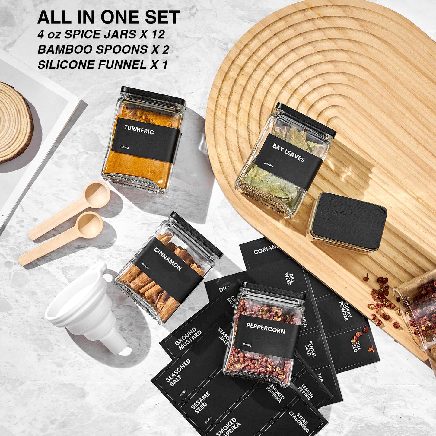 MUVEKA Glass Spice Jars with Bamboo Lid, 4oz Square Spice Containers for Pantry Organization, Seasoning Bottles with Labels, Spoons, Funnel for Salt Sugar