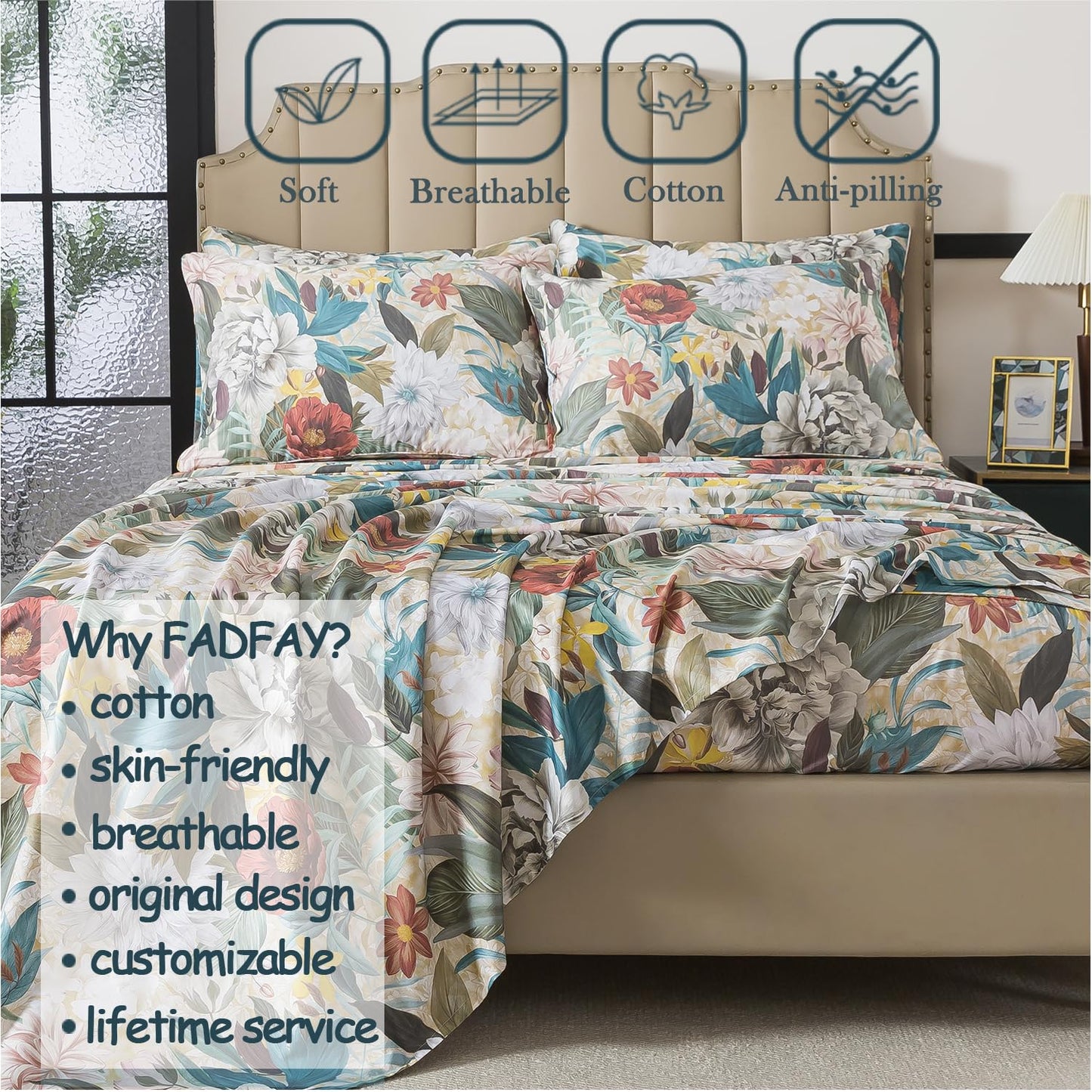 FADFAY California King Sheet Set, 100% Cotton Sateen Soft Breathable, Luxury Vintage Floral Bed Sheets, Deep Pocket Fitted Sheet, Classic Garden Style Bedding, 4 Pieces