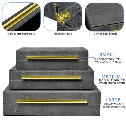 DECOR4SEASON Faux Shagreen Decorative Storage Boxes – Set of 3 Stackable Jewelry Organizers with Gold Metal Handles & Velvet Lining, Modern Grey Box for Vanity, Entryway & Coffee Table Décor