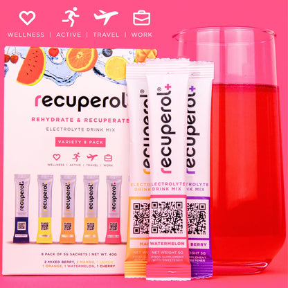 Recuperol Rehydration & Recovery Electrolytes Powder Drink Mix, Variety 30 Pack, High Electrolyte Content│Sugar Free, Vegan, Zinc, Vitamin C, B12, D3, Potassium - 6 Natural Flavours