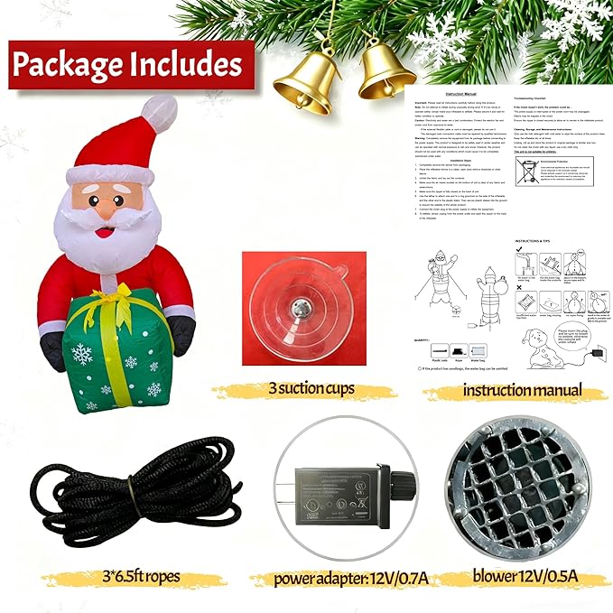 3.5FT Window Inflatble Decor- Christmas Santa Claus with Green Gift Box - LED Lighted Blow-Up Outdoor Yard Decoration for Lawn, Garden, Window Xmas Decor