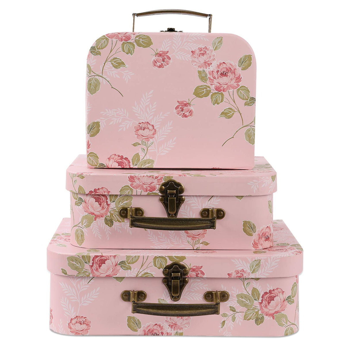 Anndason Set of 3 Paperboard Suitcases Storage Box Storage Gift Boxes With Lids for Photo Storage Home Decoration, Wedding, Birthday, Anniversary and New Year Gift Decoration (3Pcs, Pink Flowers)