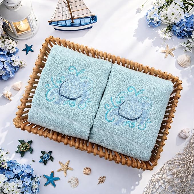 2 Pcs Sea Turtle Floral Hand Towels Pastel Blue Bathroom Decor 14x29 Inch