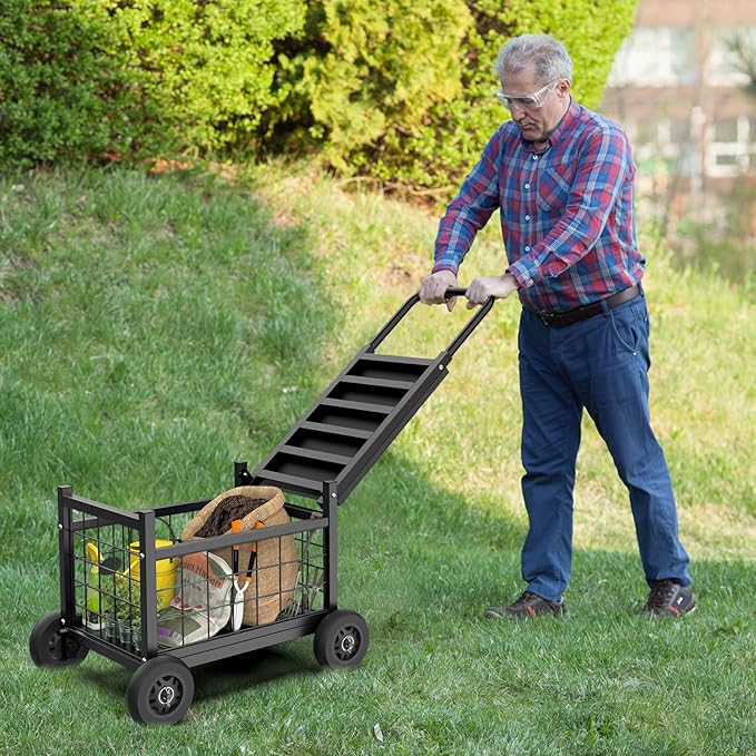 FLINTER Rolling Garden Work Seat with Wheels, Heavy Duty Garden Cart with Seat - Metal Rolling Garden Stool, Upgraded Gardening Cart for Seniors, Outdoor Wagon for Lawn, Patio Gardening, Black