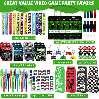 146 Pcs Video Game Party Favors, Gamer Party Favor -Ink Pen Notebook VIP Passes with Lanyards Slap Bracelets Keychains Bags Tattoo Stickers for Kids Gaming Party Favors Game On Birthday Partys Favor
