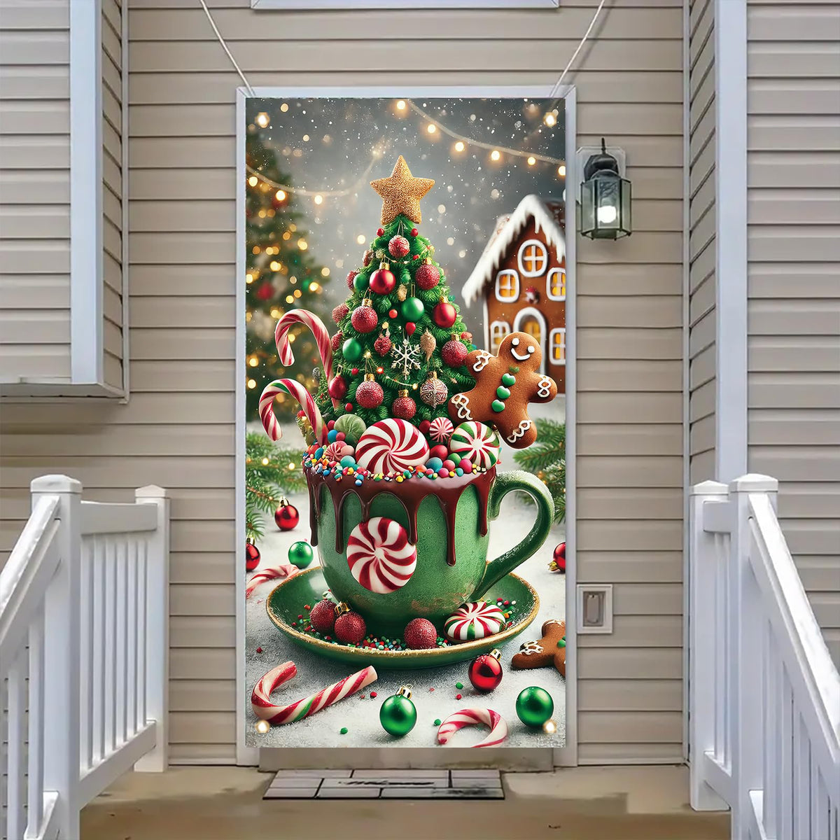 Saoplasa Christmas Door Cover Hot Cocoa Mug Banner 71 x 35 Inch Gingerbread Candy Cane Peppermint Tree Backdrop Holiday Cup Decoration for Christmas Party Wall Hanging Front Door Winter Decor