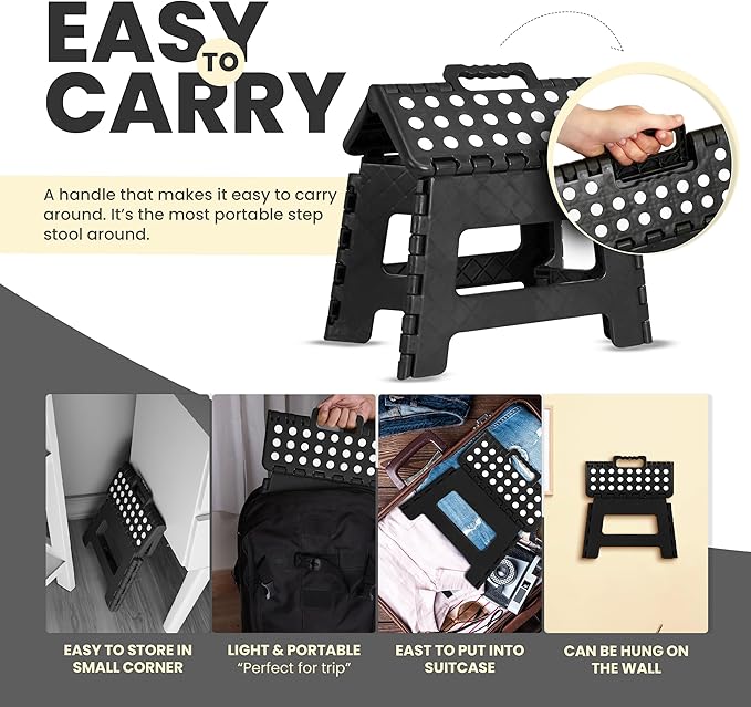 Utopia Home Folding Step Stool with Handle – 9 Inch Anti Slip Collapsible Stool – Holds Up to 300 lbs – Sturdy Plastic Step Stool Foldable for Kitchen, Bathroom and Home Use (2-Pack, Black)